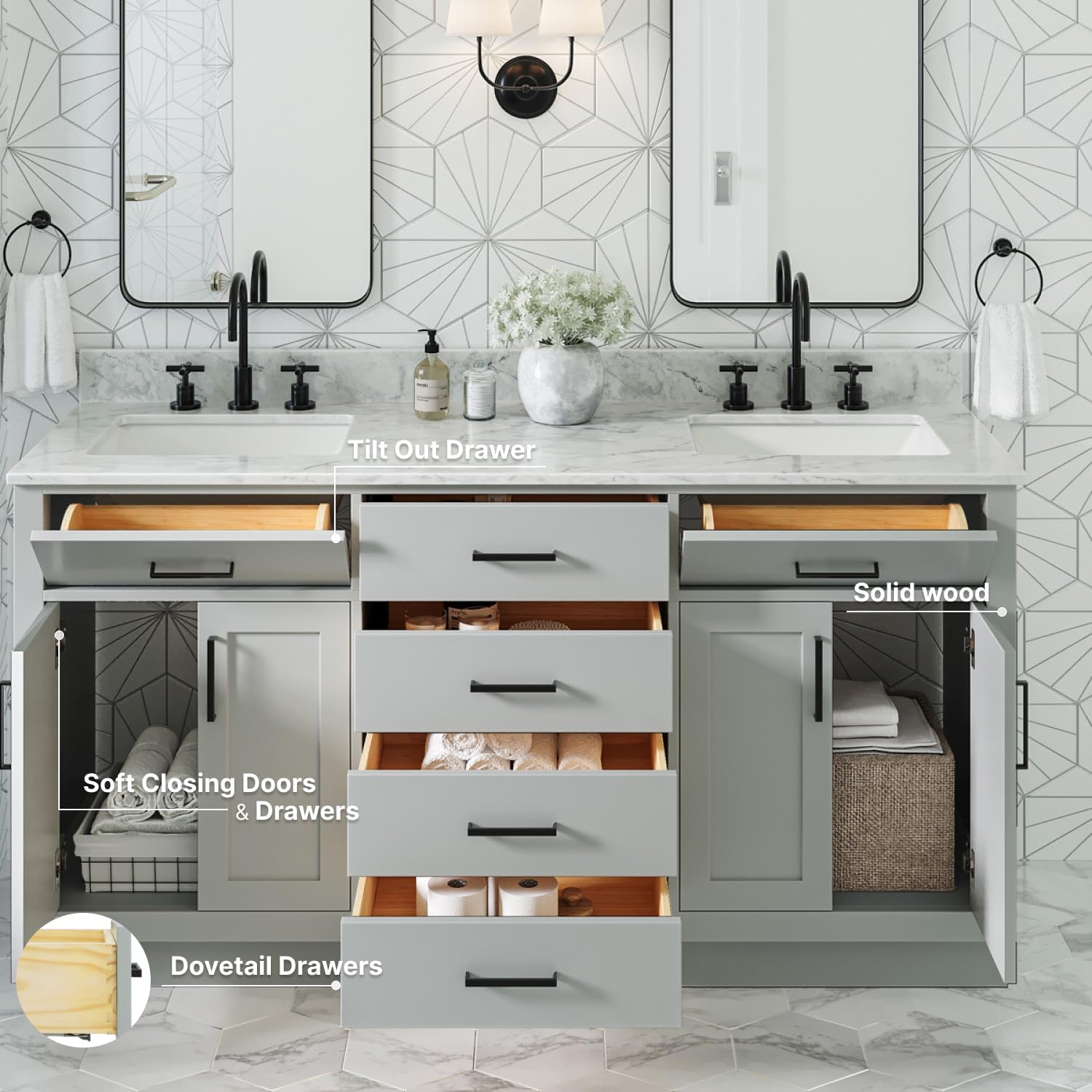 ARIEL Hepburn 66-inch Bathroom Vanity with Sink,Solid Wood, 0.75-inch Italian Carrara Marble Countertop, Double Rectangular Porcelain Sink, 4 Soft Closing Doors, 6 Dovetail Drawers, Grey