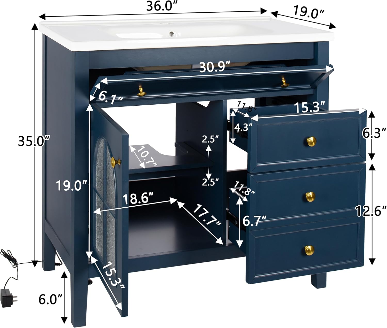 36 inch Bathroom Vanity with Sink, Mid Century Modern Freestanding Bathroom Cabinet with Ceramic Sink, 1 Flip Top Drawer, 2 Storage Drawers, Flower Patterned Glass Door, Adjustable Shelf, Blue