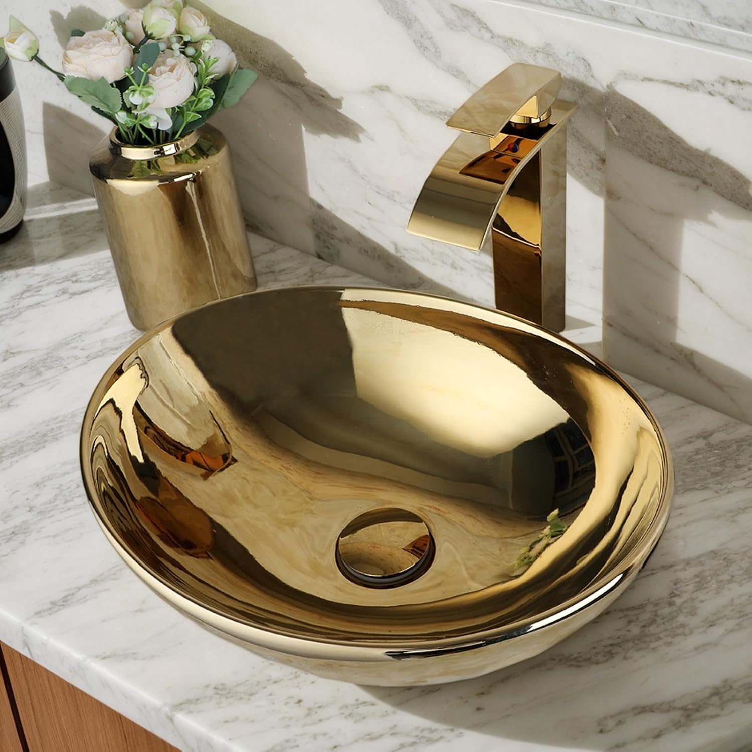 Oval Gold Vessel Sink with Faucet and Pop-Up Drain 17'x14' Bathroom Ceramic Basin Above Counter Bowl Sinks Thickened Compact Boat Shape Sinks for Small Bathrooms Vanities and Apartment Top