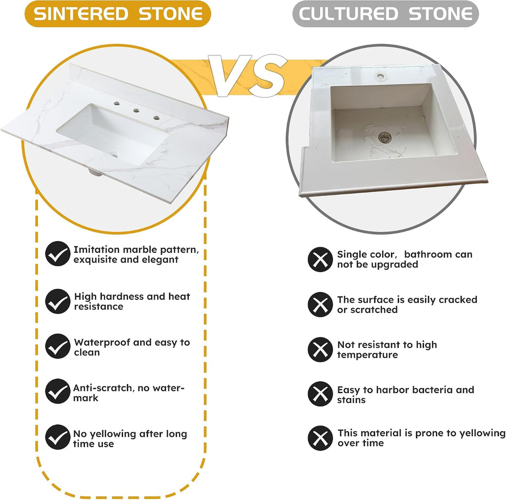 37 Inch Bathroom Vanity Top with Undermounted Large Ceramic Sink & Backsplash, Sintered Stone Artificial Marble Vanity Sink Tops with 3 hole, Carrara Gold