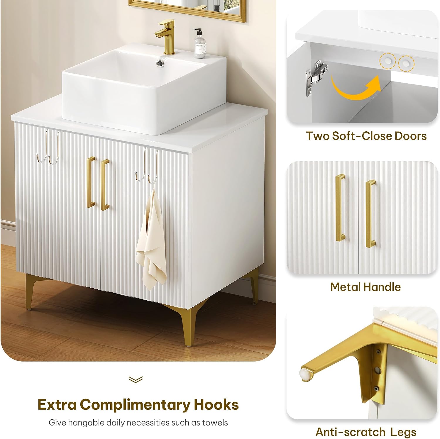 YITAHOME 30 Inch Bathroom Vanity with Vacuum Forming, Freestanding Storage Cabinet Vanity with Engineered White Stone Countertop, 2 Large Soft Closing Doors with Shelf, Gold Handles & Legs, White