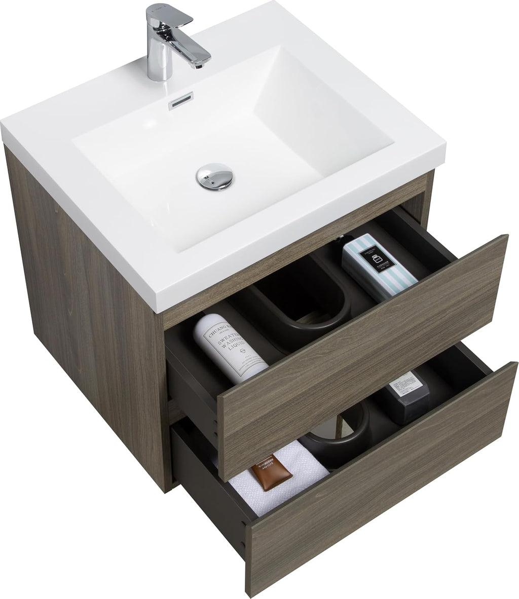 24' Floating Bathroom Vanity with Sink, Modern Wall-Mounted Bathroom Storage Vanity Cabinet with Resin Top Basin and Soft Close Drawers, Ash Grey