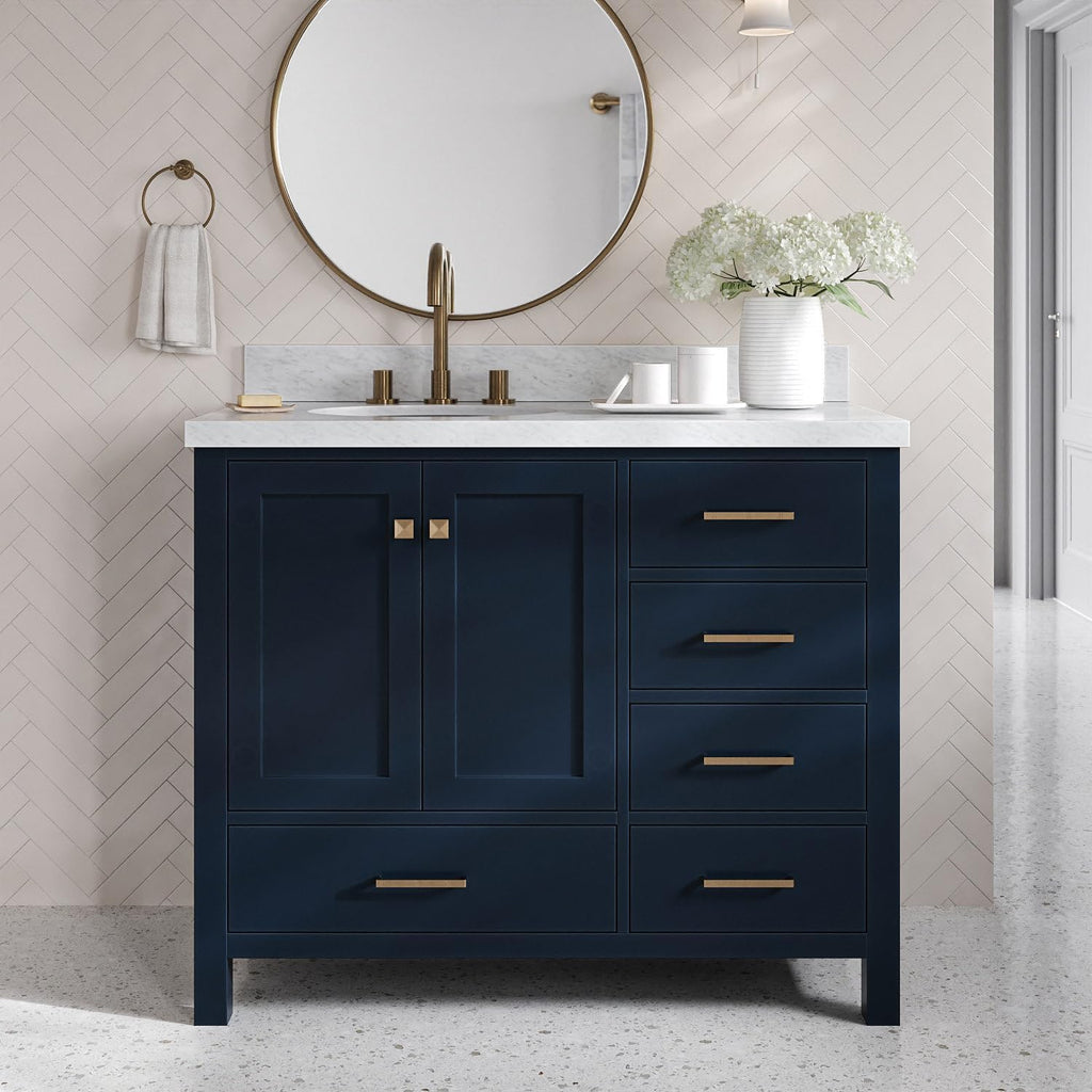 ARIEL Cambridge 42-inch Bathroom Vanity with Sink,Solid Wood, 1.5-inch Italian Carrara Marble Countertop, Single Oval Porcelain Sink, 2 Soft Closing Doors, 5 Dovetail Drawers, Midnight Blue