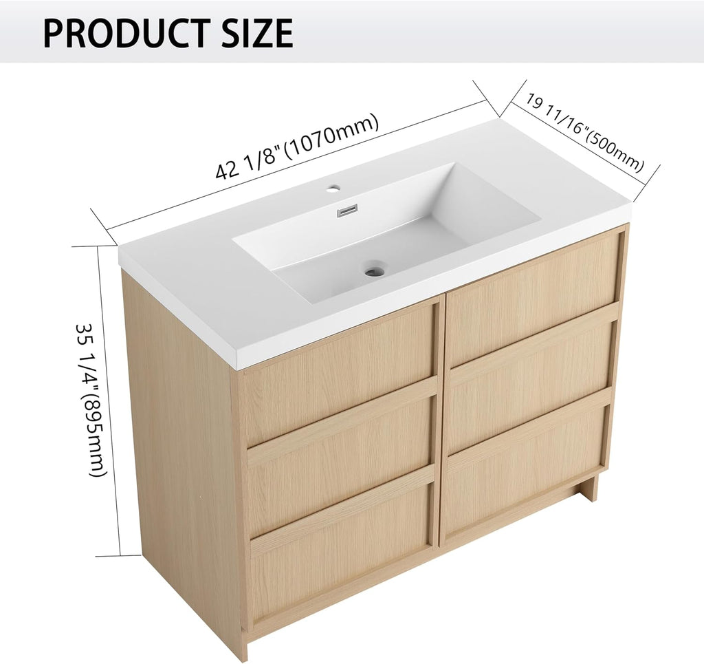 42' Bathroom Vanity with Sink, 42 Inch FreeStanding Vanity, Single Sink Floor Stand Vanity Combo, Modern Brown Bathroom Vanity Set with 2 Soft-Close Doors and Adjustable Shelf