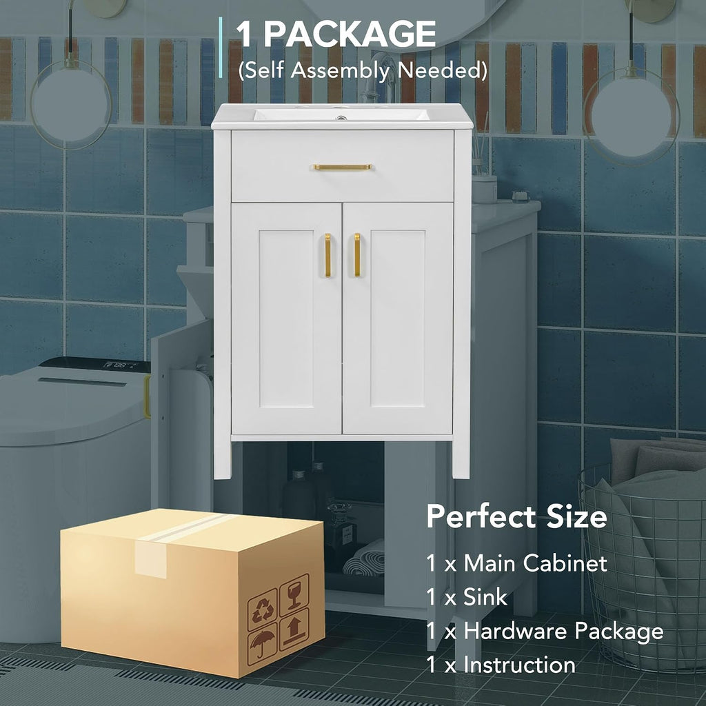 Harper & Bright Designs 24' Bathroom Vanity with Sink, Free Standing Single Basin Vanity Set with 2 Soft-Close Doors and Drawer, Modern Wooden Bathroom Cabinet with Ceramic Basin for Bathroom, White
