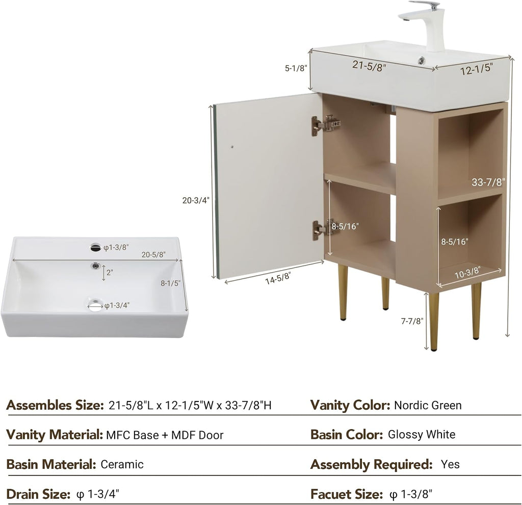 21.6 Inch Bathroom Vanity with Sink, Vanities with Square Ceramic Sink Top and Right Side Storage, Combo Stand Storage Cabinet Set for Small Bathroom (Green)