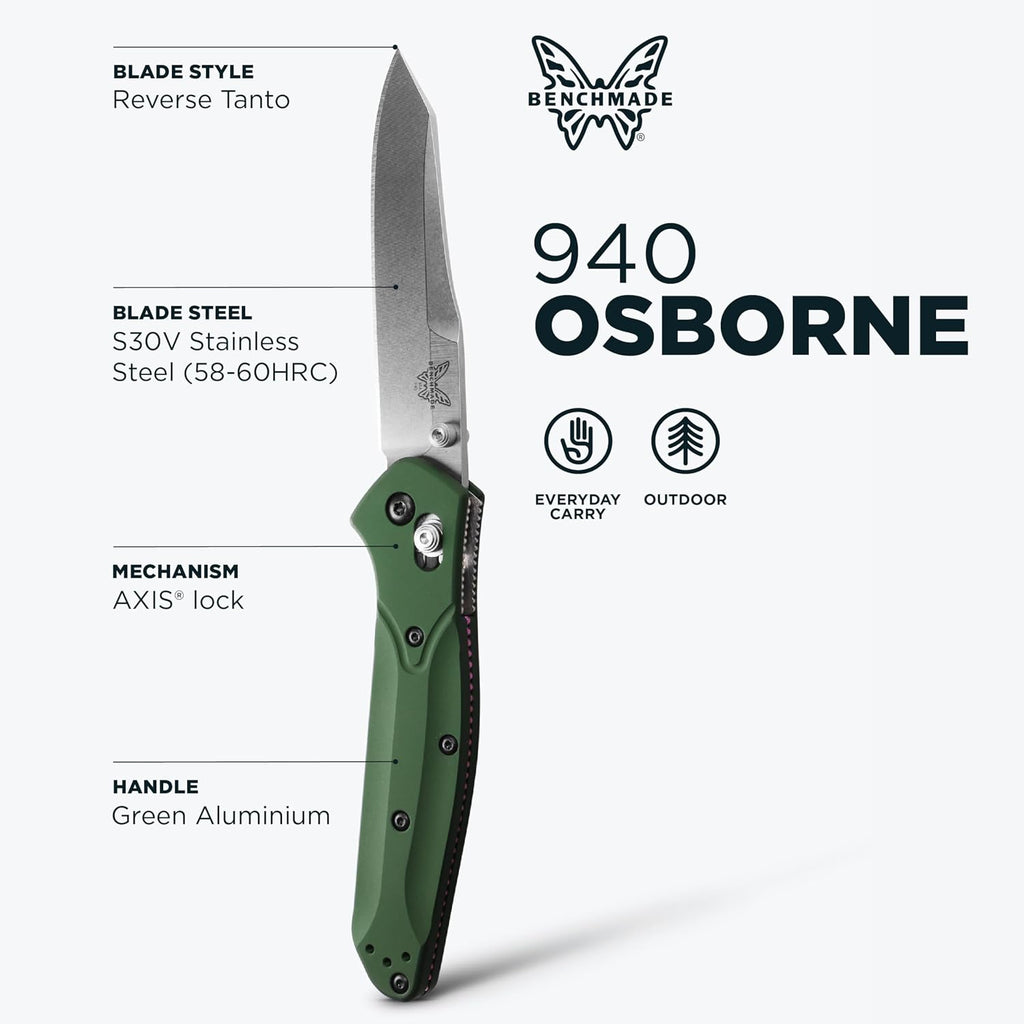Benchmade - Osborne, Every Day, Outdoor, Folding Knife, Reverse Tanto Blade with Green 6061-T6 Aluminum Handle (940)