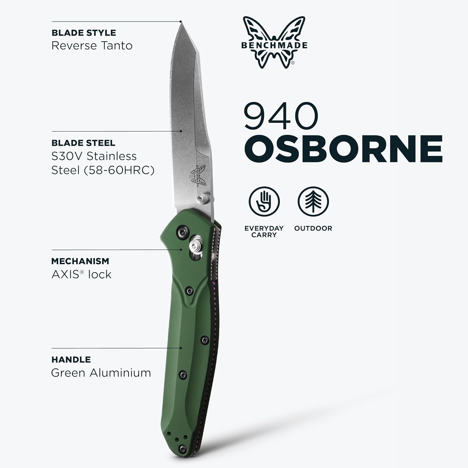 Benchmade - Osborne, Every Day, Outdoor, Folding Knife, Reverse Tanto Blade with Green 6061-T6 Aluminum Handle (940)
