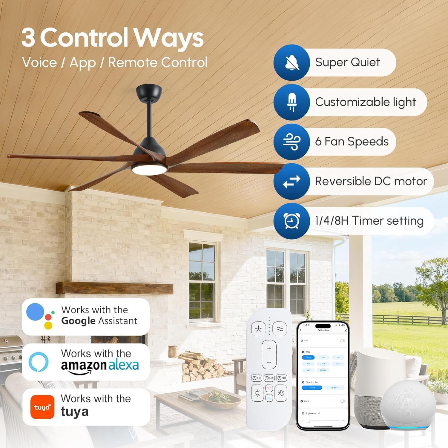 60 Inch Outdoor Smart Ceiling Fan with Lights, Alexa/App/Remote Control, Rustic Farmhouse Style-6 Wood Fan Blades, 7775 High CFM, Quiet Reversible DC Motor, 3 Downrods, Damp-Rated for Indoor Exterior