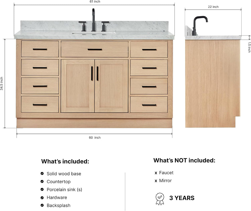ARIEL Hepburn 60-inch Bathroom Vanity with Sink,Solid Wood, 1.5-inch Italian Carrara Marble Countertop, Single Rectangular Porcelain Sink, 2 Soft Closing Doors, 9 Dovetail Drawers, White Oak