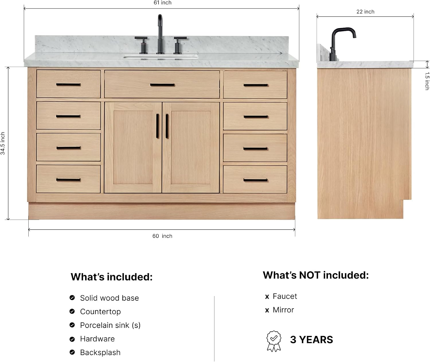 ARIEL Hepburn 60-inch Bathroom Vanity with Sink,Solid Wood, 1.5-inch Italian Carrara Marble Countertop, Single Rectangular Porcelain Sink, 2 Soft Closing Doors, 9 Dovetail Drawers, White Oak