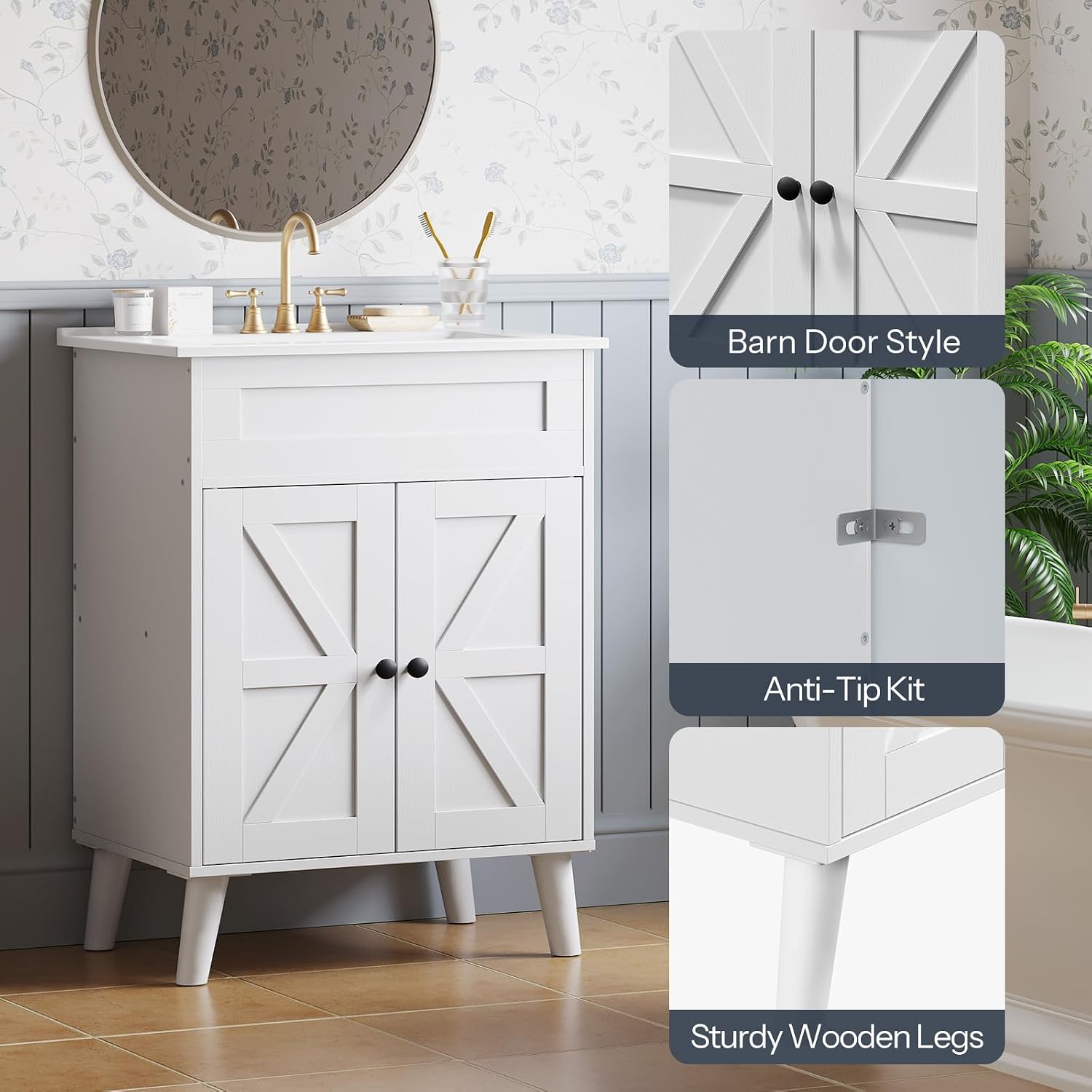 HOOBRO 24.2' Modern Bathroom Vanity with Sink, Farmhouse Bathroom Sink Cabinet with Ceramic Basin, Door Storage, 2 Doors & High-Leg Design, Easy Assembly, Drain Kit Not Included, White