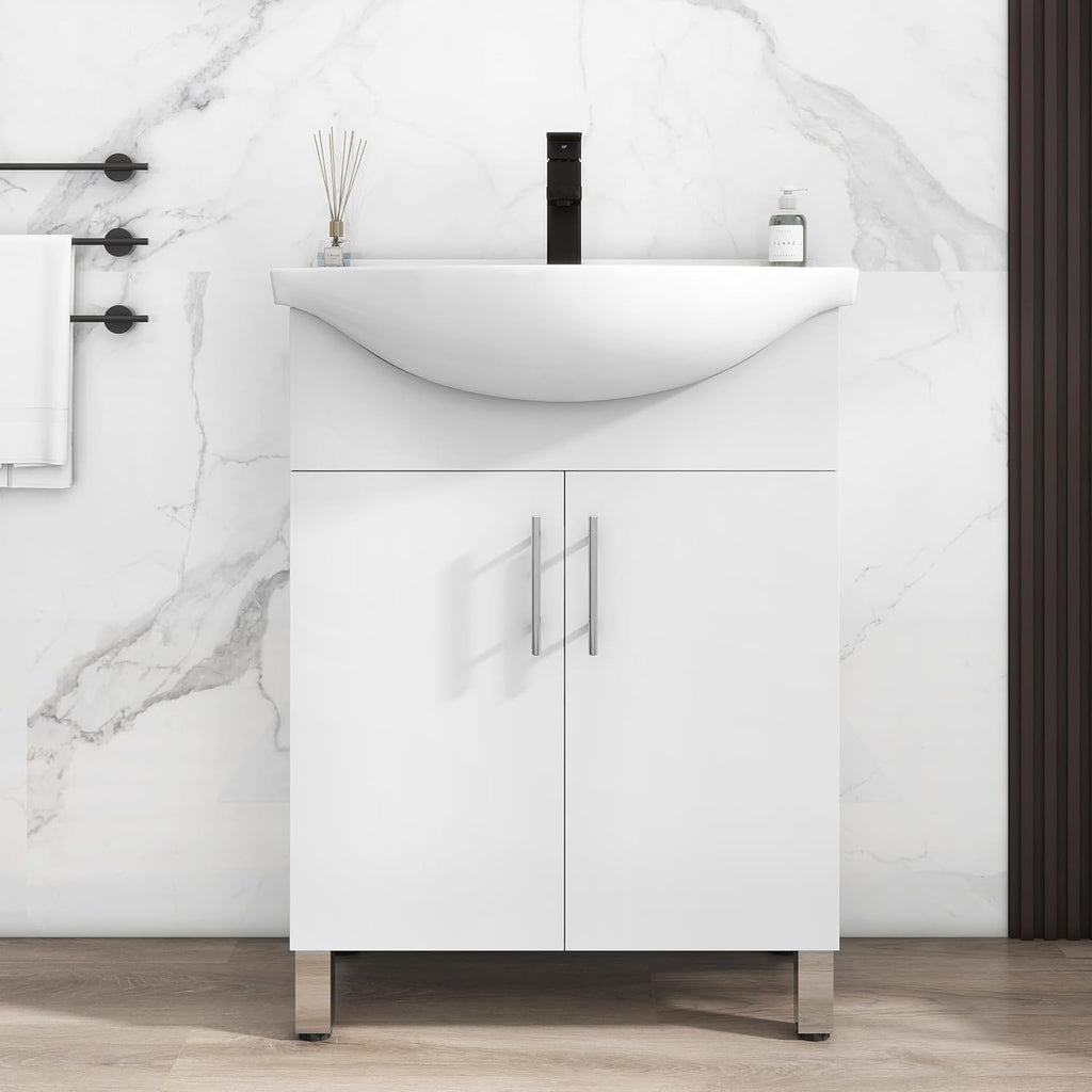 LUCKWIND 24 Inch White Laundry Sink Cabinet Set with Ceramic Belly Bowl Sink and Faucet - Bathroom Vanity Combo, Ceramic Utility Sink for Laundry, Utility Room, Bathroom, Kitchen