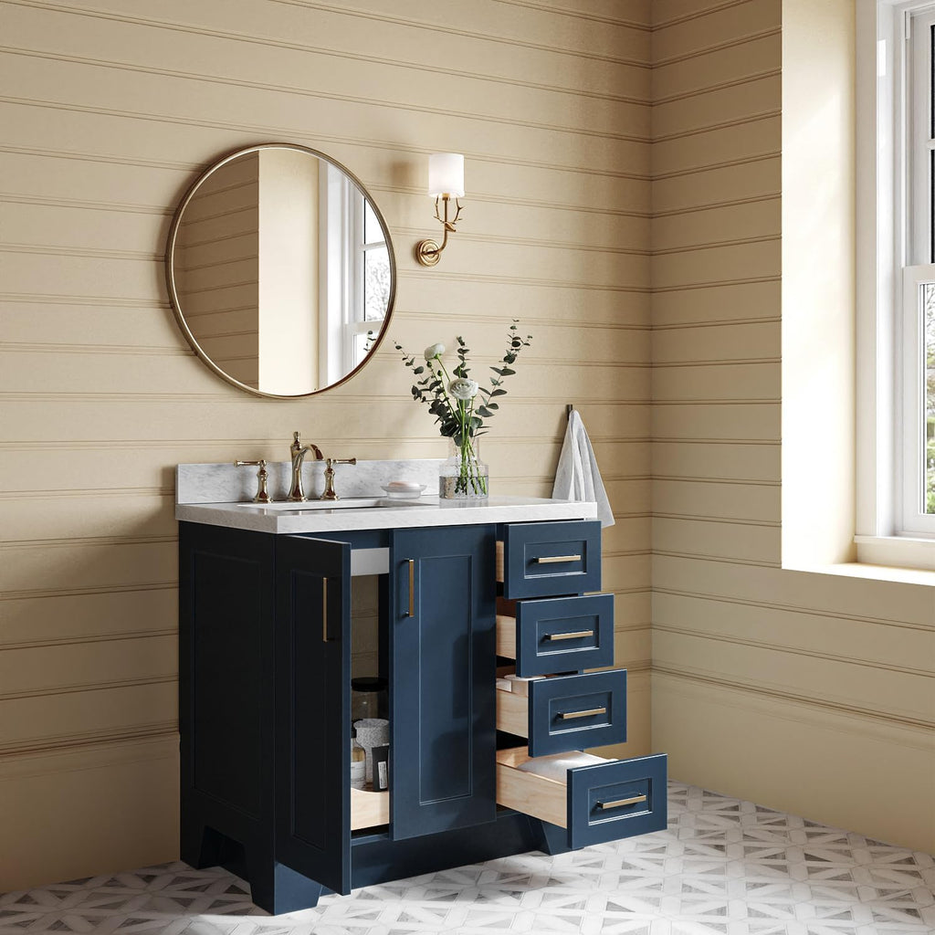 ARIEL Taylor 36-inch Bathroom Vanity with Sink,Solid Wood, 1.5-inch Italian Carrara Marble Countertop, Single Rectangular Porcelain Sink, 2 Soft Closing Doors, 5 Dovetail Drawers, Midnight Blue