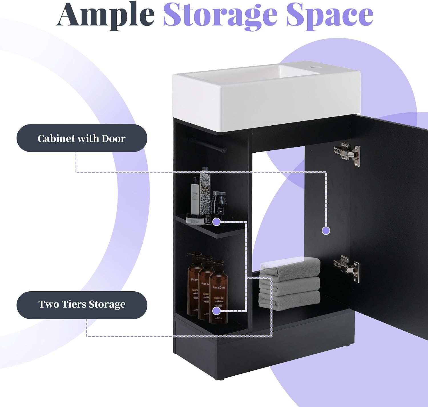 18.6 inch Bathroom Vanity with Sink, Free Standing Cabinet with Storage Cabinet & Two-Tier Shelf, Solid Wood Bath Vanity Organizer with Ceramic Sink for Bathroom, Black