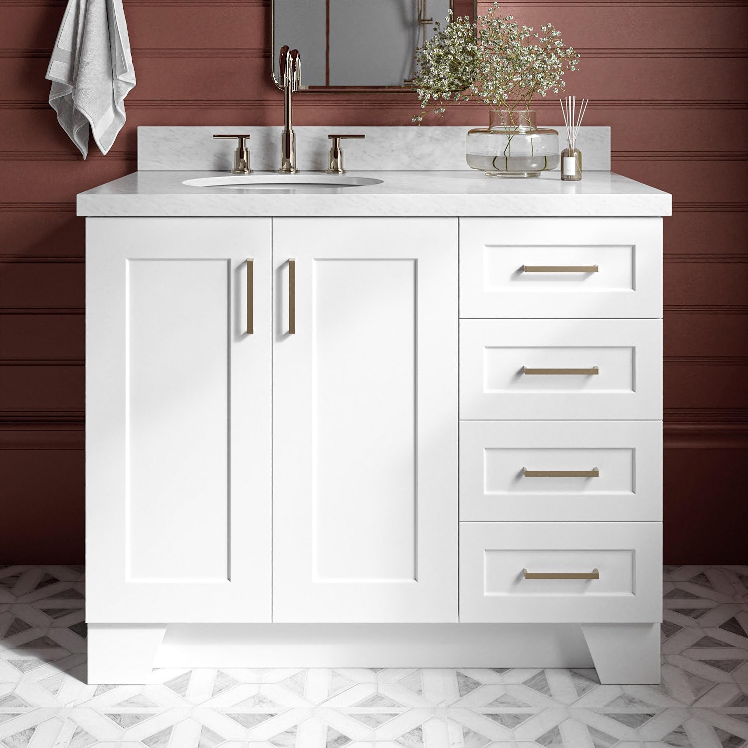 ARIEL Taylor 42-inch Bathroom Vanity with Sink,Solid Wood, 1.5-inch Italian Carrara Marble Countertop & Backsplash, Single Oval Porcelain Sink, 2 Soft Closing Doors, 5 Dovetail Drawers, White