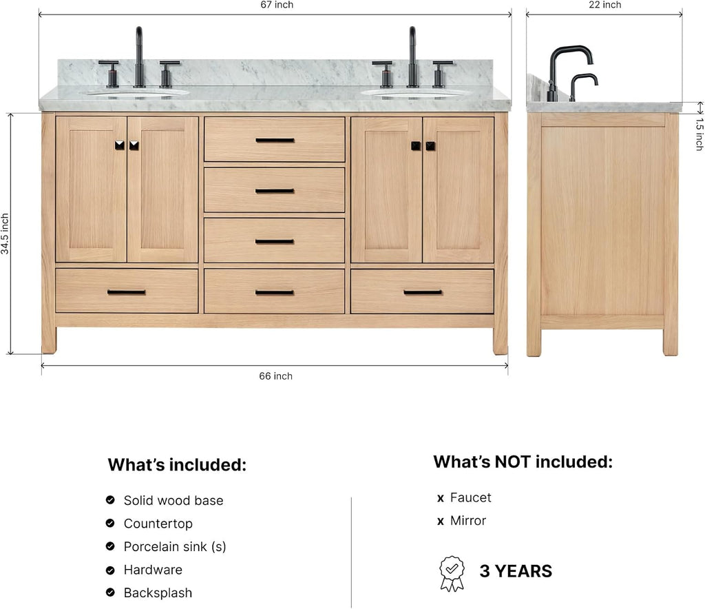 ARIEL Cambridge 66-inch Bathroom Vanity with Sink,Solid Wood, 1.5-inch Italian Carrara Marble Countertop, Double Oval Porcelain Sink, 4 Soft Closing Doors, 6 Dovetail Drawers, White Oak