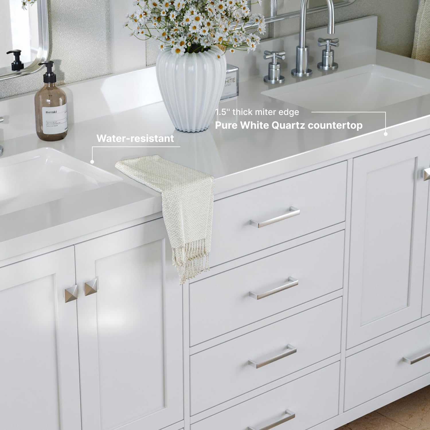 ARIEL Cambridge 72-inch Bathroom Vanity with Sink,Solid Wood, 1.5-inch Pure White Quartz Countertop & Backsplash, Double Rectangular Porcelain Sink, 4 Soft Closing Doors, 6 Dovetail Drawers, White