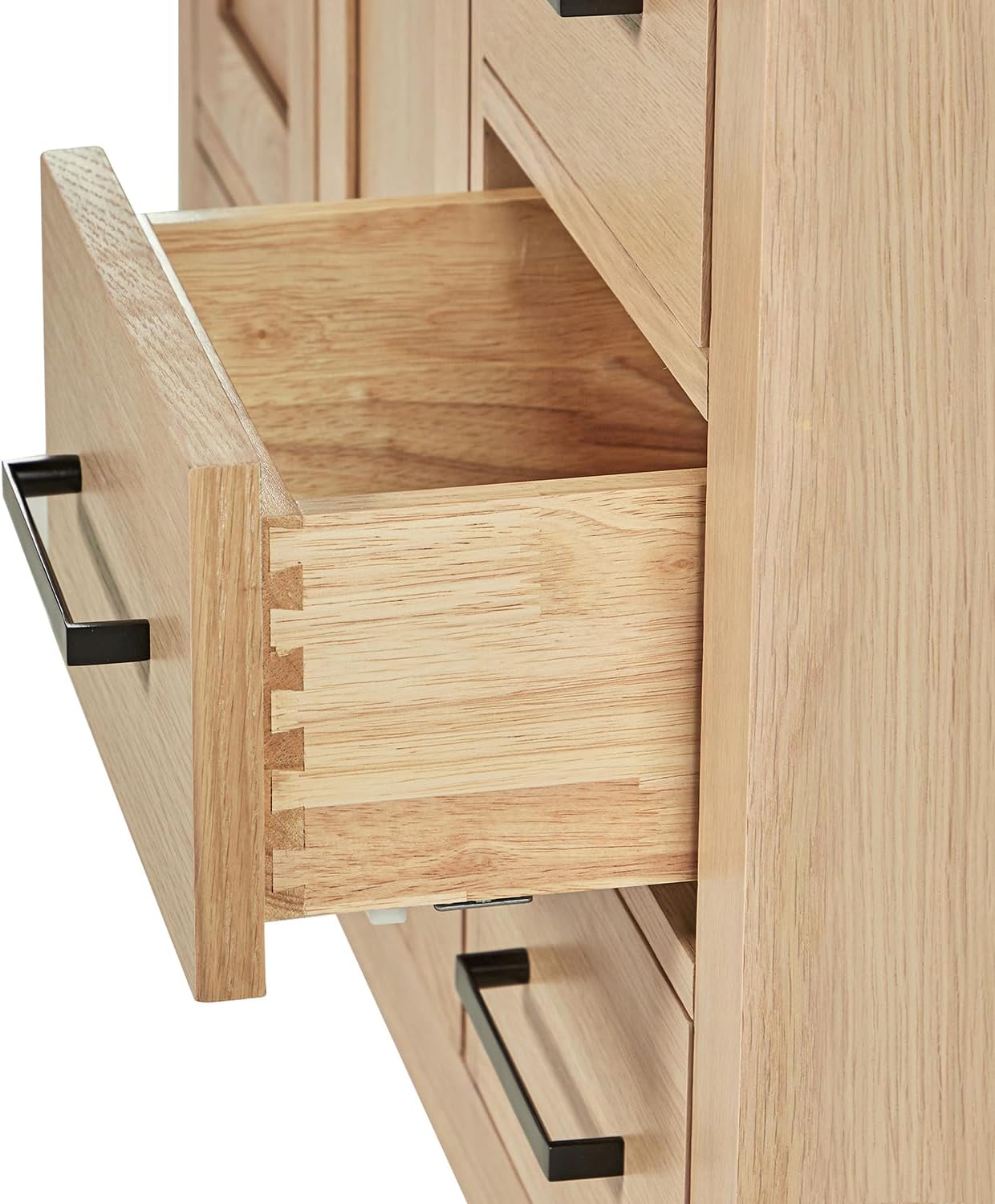 DKB Beckford 42-Inch Oak Single Bathroom Vanity with Sink, Carrara White Quartz Countertop & 1.5' Miter Edge, 4' Backsplash, Soft Closing Door & Drawer, Matte Black Hardware