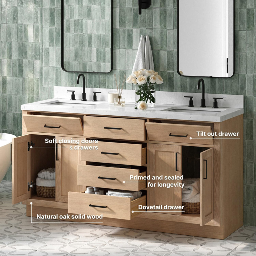 ARIEL Hepburn 66-inch Bathroom Vanity with Sink,Solid Wood, 1.5-inch Carrara White Quartz Countertop, Double Rectangular Porcelain Sink, 4 Soft Closing Doors, 6 Dovetail Drawers, White Oak