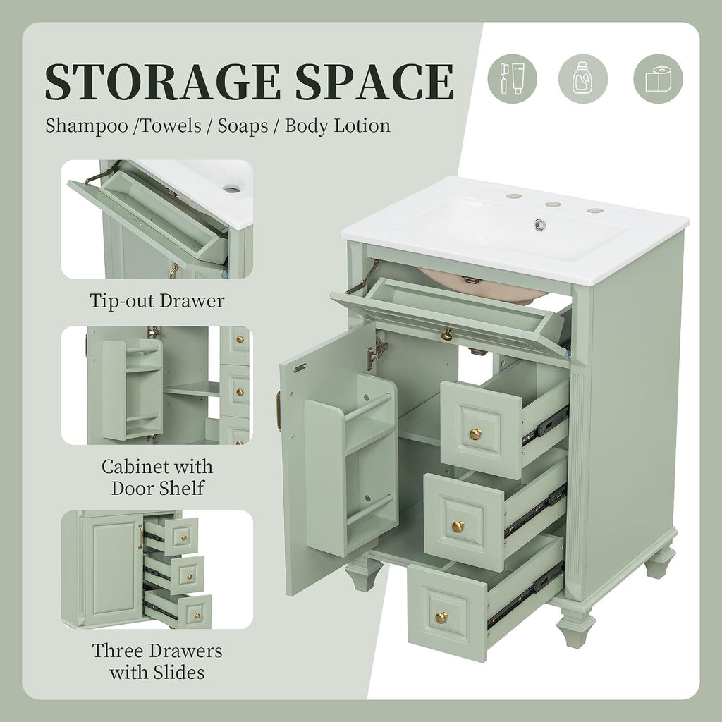 24' Bathroom Vanity with Sink & Countertop Modern Single Sink Vanity with 1 Flip-Out Drawer & 3 Drawers & Door Racks Freestanding Bathroom Sink Cabinet Saving Space,Light Green