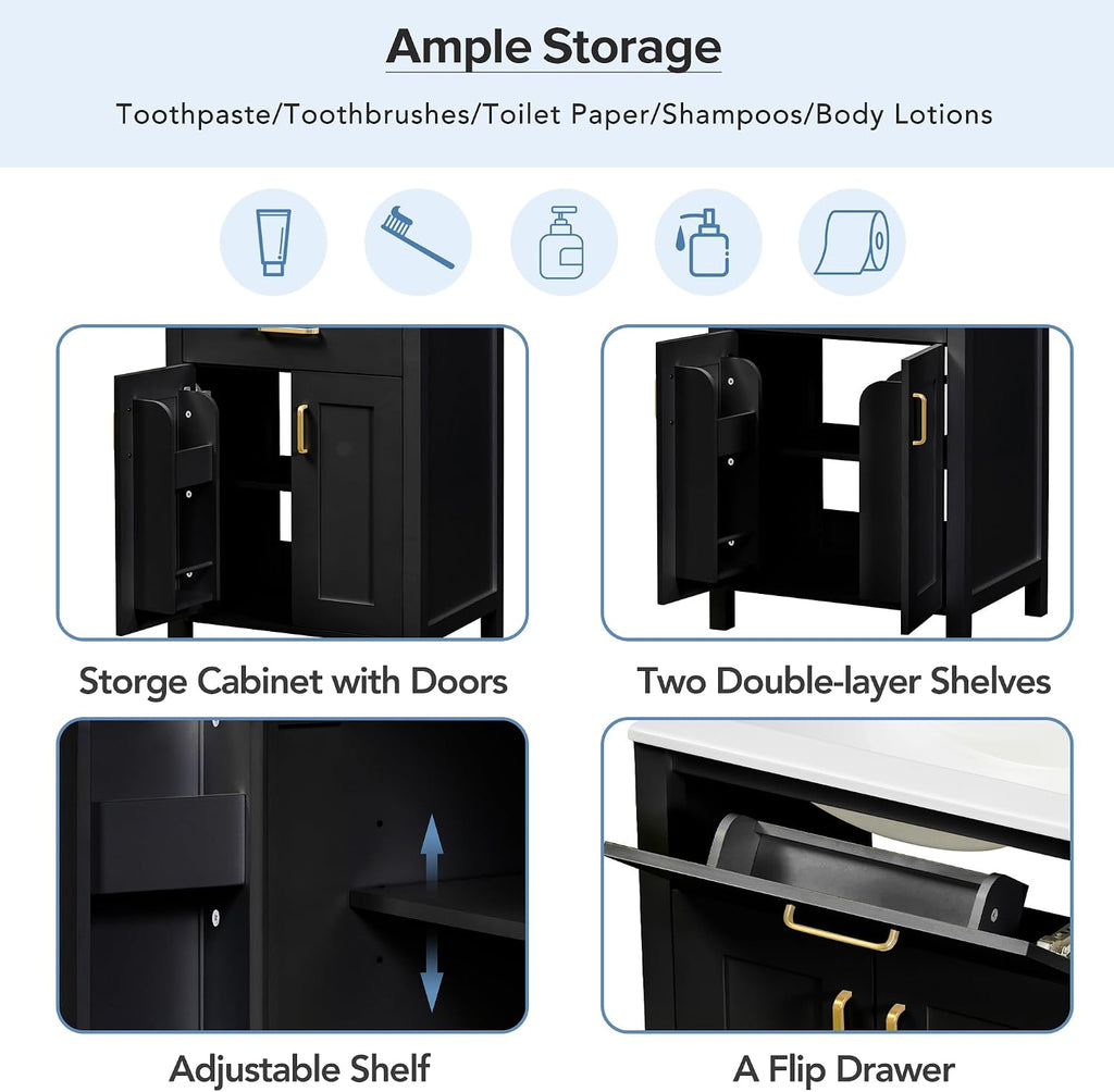 Harper & Bright Designs 48' Bathroom Vanity Set with Double Sink, Free Standing Single Basin Vanity Set with 2 Soft-Close Doors and Drawer, Wood Storage Cabinet with Ceramic Basin for Bathroom, Black