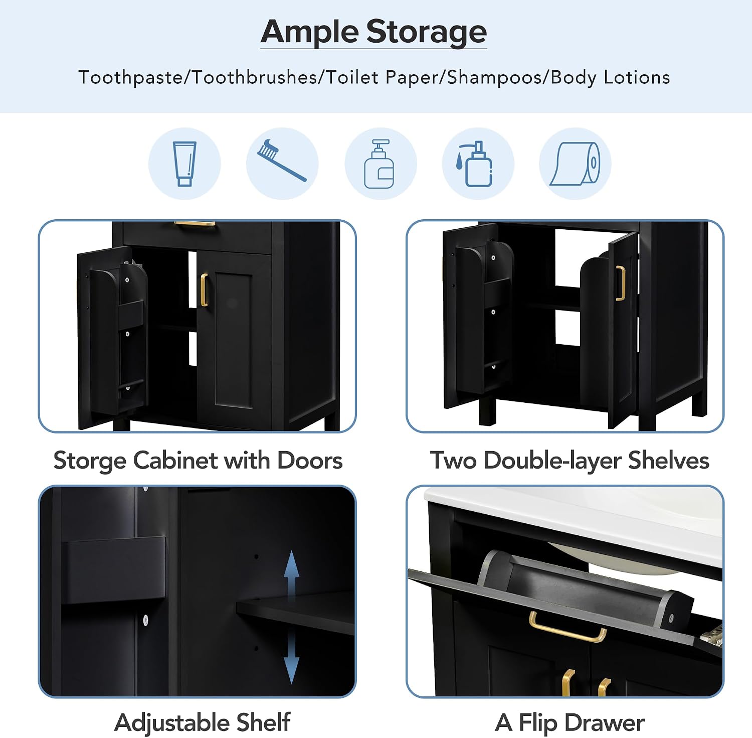 Harper & Bright Designs 48' Bathroom Vanity Set with Double Sink, Free Standing Single Basin Vanity Set with 2 Soft-Close Doors and Drawer, Wood Storage Cabinet with Ceramic Basin for Bathroom, Black