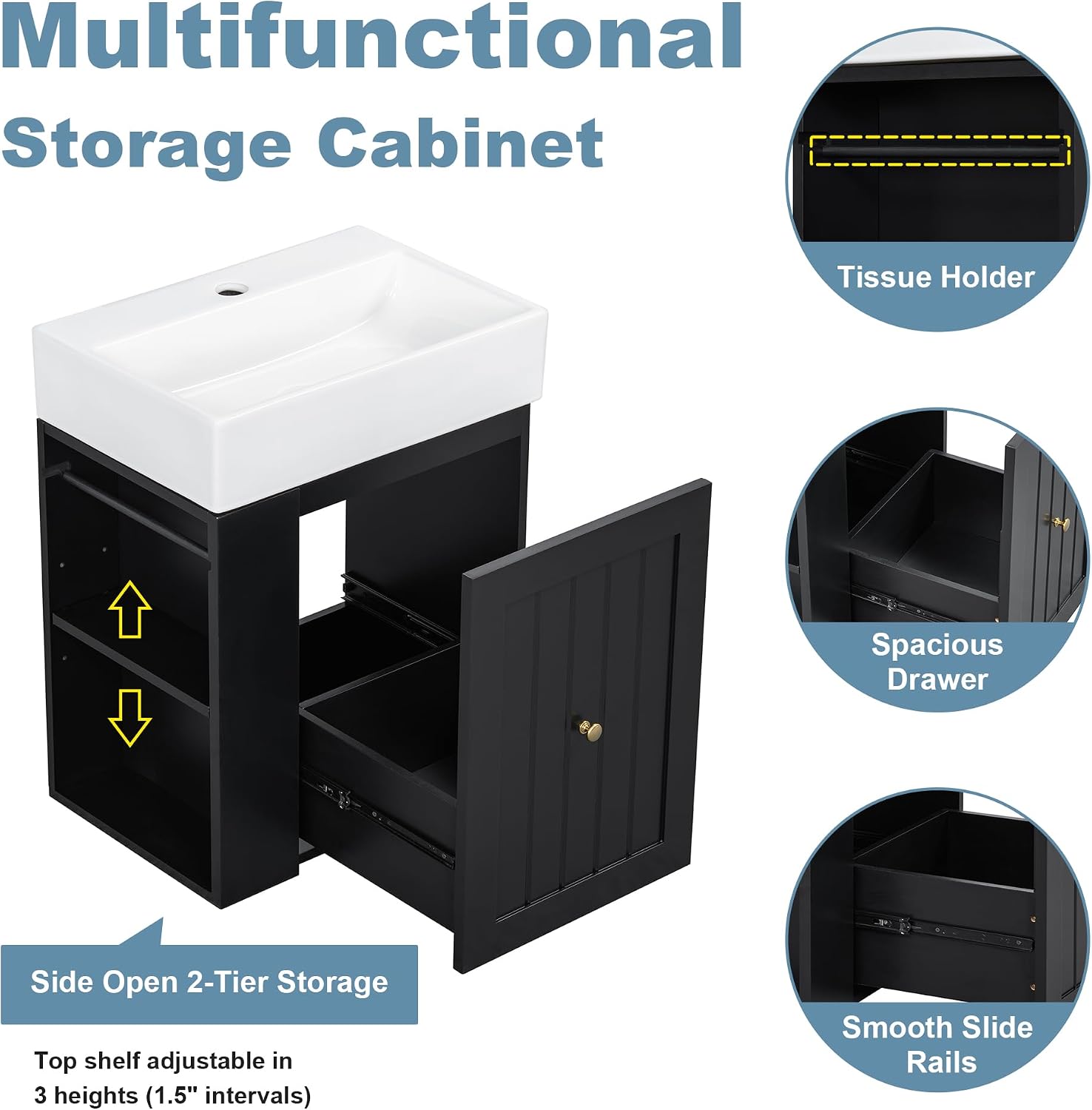 20' Floationg Wall-Mounted Bathroom Vanity with Ceramic Sink, Adjustable Shelf, Toilet Paper Holder, Modern Style, Drawer with Striped Design, Black