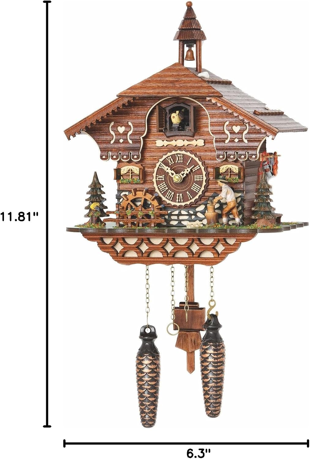 Trenkle Quartz Cuckoo Clock Black Forest House with Moving Wood Chopper and Mill Wheel, with Music TU 4217 QM