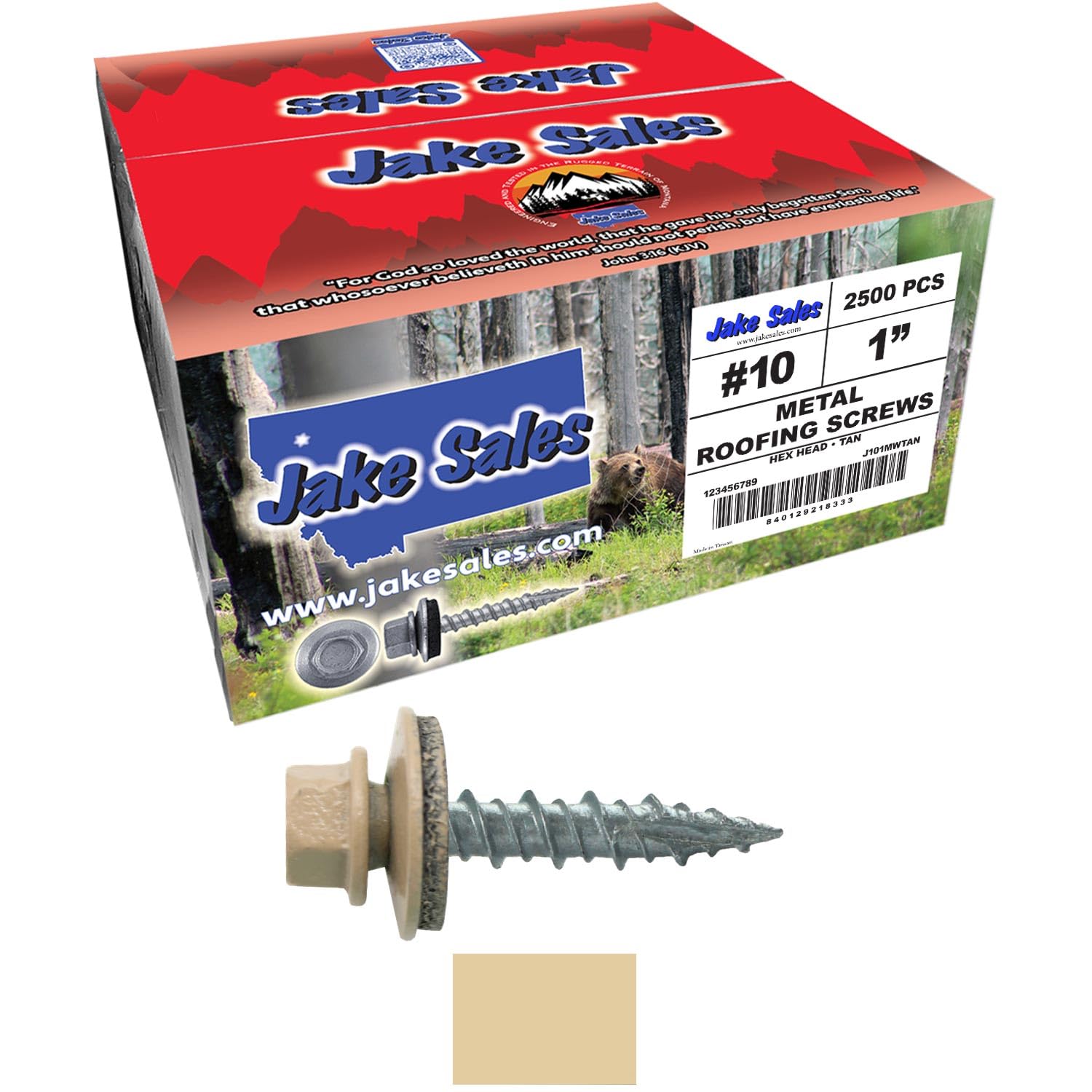 10 x 1 TAN Metal Roofing Screws - Hex Washer Head- Self-Starting/Tapping - EPDM Washer. 10 X 250 Bags - 2,500 Screws