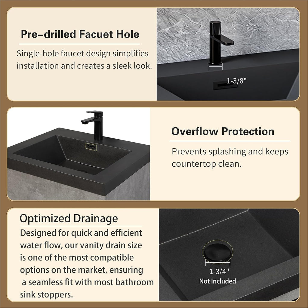 Compact 30' Floating Bathroom Vanity with Quartz Sand Basin Sink Top, Modern Wall-Mounted Bathroom Storage Vanity Cabinet with 2 Soft Close Drawers for Lavatory, Grey