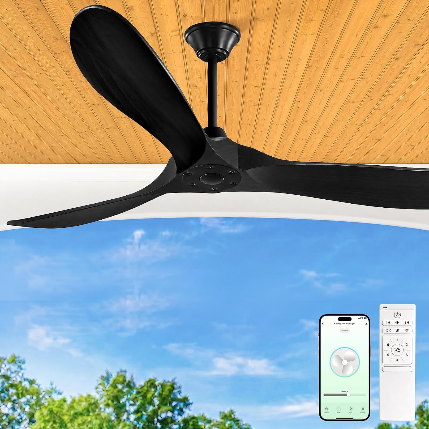 Outdoor Ceiling Fan No Light for Patios, 52 inch Ceiling Fans Without Lights with Smart App and Remote Control, Wet Rated 3 Blades Wood Propeller Modern Fan for Exterior Outside, High CFM, Black