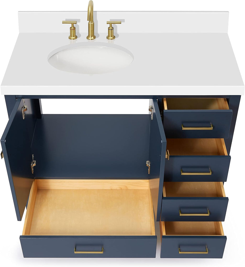 ARIEL Cambridge 42-inch Bathroom Vanity with Sink,Solid Wood, 1.5-inch Pure White Quartz Countertop & Backsplash, Single Oval Porcelain Sink, 2 Soft Closing Doors, 5 Dovetail Drawers, Midnight Blue