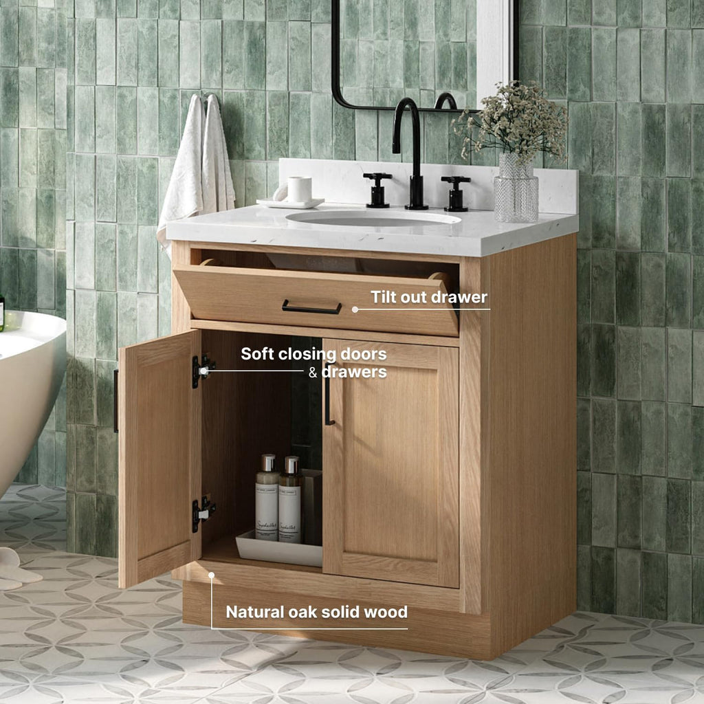 ARIEL Hepburn 30-inch Bathroom Vanity Base Cabinet,Solid Wood, 2 Soft Closing Doors, 1 Dovetail Drawers, White Oak