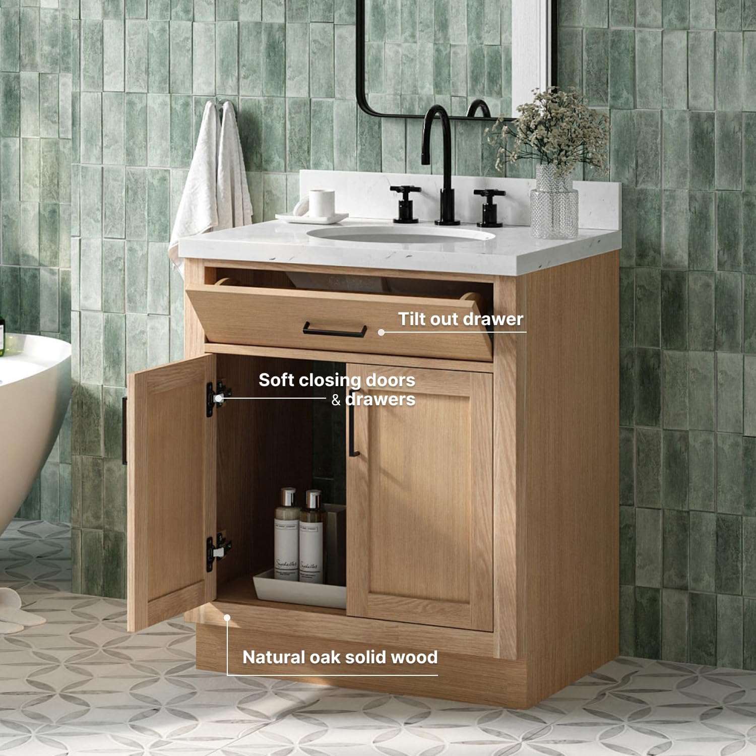 ARIEL Hepburn 30-inch Bathroom Vanity Base Cabinet,Solid Wood, 2 Soft Closing Doors, 1 Dovetail Drawers, White Oak