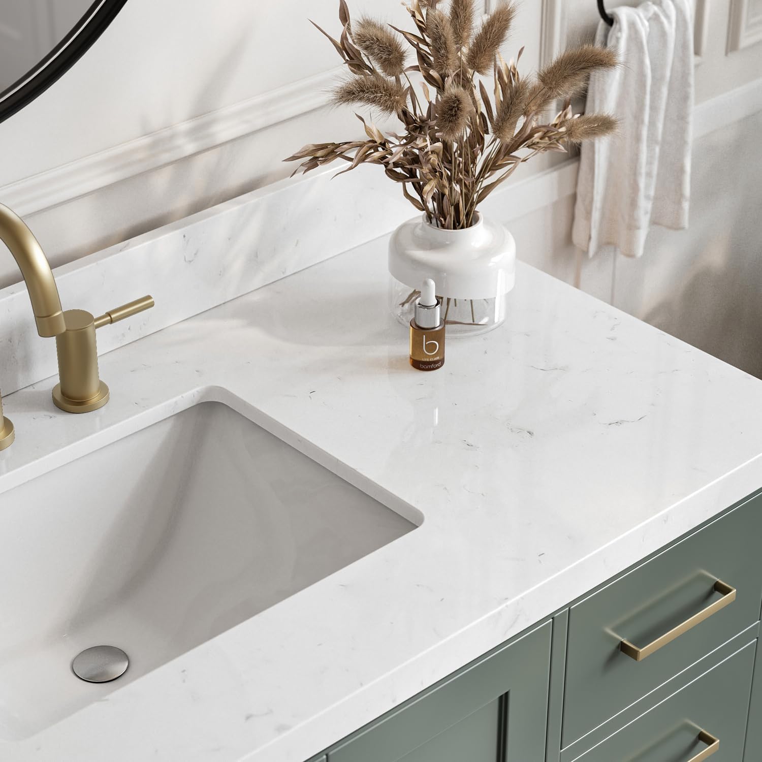 ARIEL Cambridge 36-inch Bathroom Vanity with Sink,Solid Wood, 1.5-inch Carrara White Quartz Countertop, Single Rectangular Porcelain Sink, 2 Soft Closing Doors, 5 Dovetail Drawers, Vintage Green