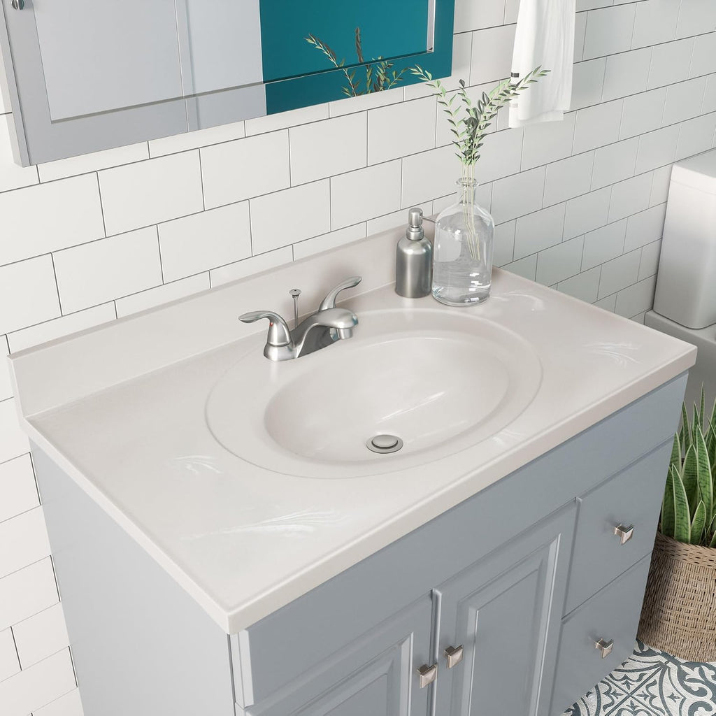 Pemberly Row Cultured Marble Vanity Top, 37' x 22', White on White Ivory Swirl Finish, Integrated Oval Sink with Overflow, Pre-Drilled 4-Inch Centerset, 4-Inch Backsplash, Durable Easy-Clean Bathroom