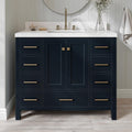 ARIEL Cambridge 42-inch Bathroom Vanity with Sink,Solid Wood, 1.5-inch Carrara White Quartz Countertop, Single Rectangular Porcelain Sink, 2 Soft Closing Doors, 9 Dovetail Drawers, Midnight Blue