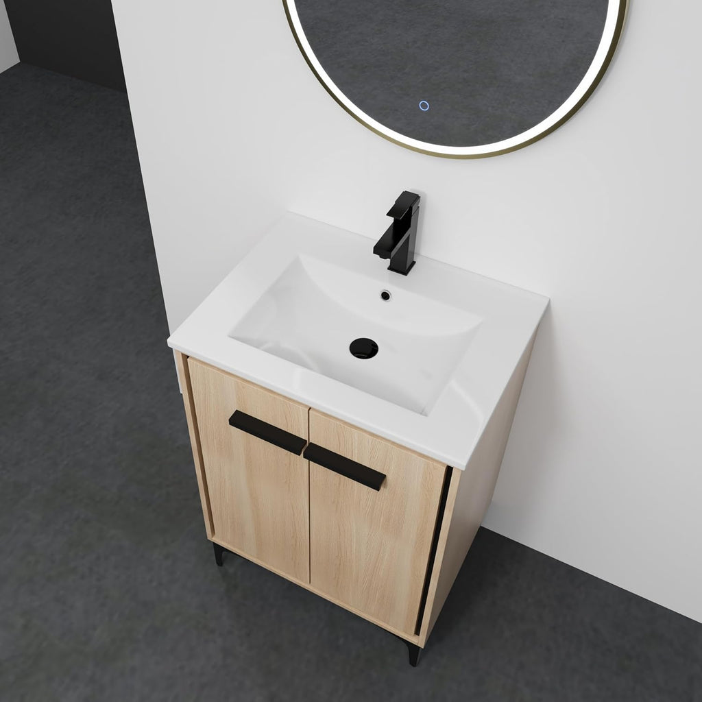 24 Inch Bathroom Vanity with Sink, Freestanding Single Sink Bathroom Vanity with Soft Closed Doors, Integrated Sink, Engineered Wood Bathroom Sink Vanity (Oak)
