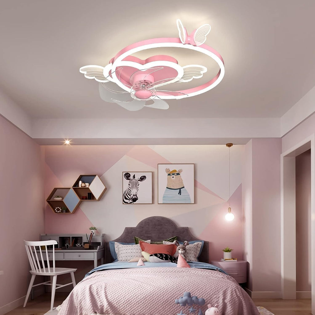 Butterfly Ceiling Fan with Light Pink Ceiling Fan with Lights for Girls Room Heart Dimmable LED Fan Light with Remote Control Kids Ceiling Fan for Bedroom, 6 Speed Reversible Fan