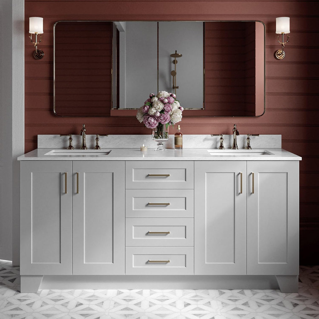 ARIEL 73' Grey Double Bathroom Vanity Italian Carrara Marble Countertop & Splash, Rectangular Sink, 4 Soft Closing Doors, 6 Full Extension Dovetail Drawers, Satin Brass