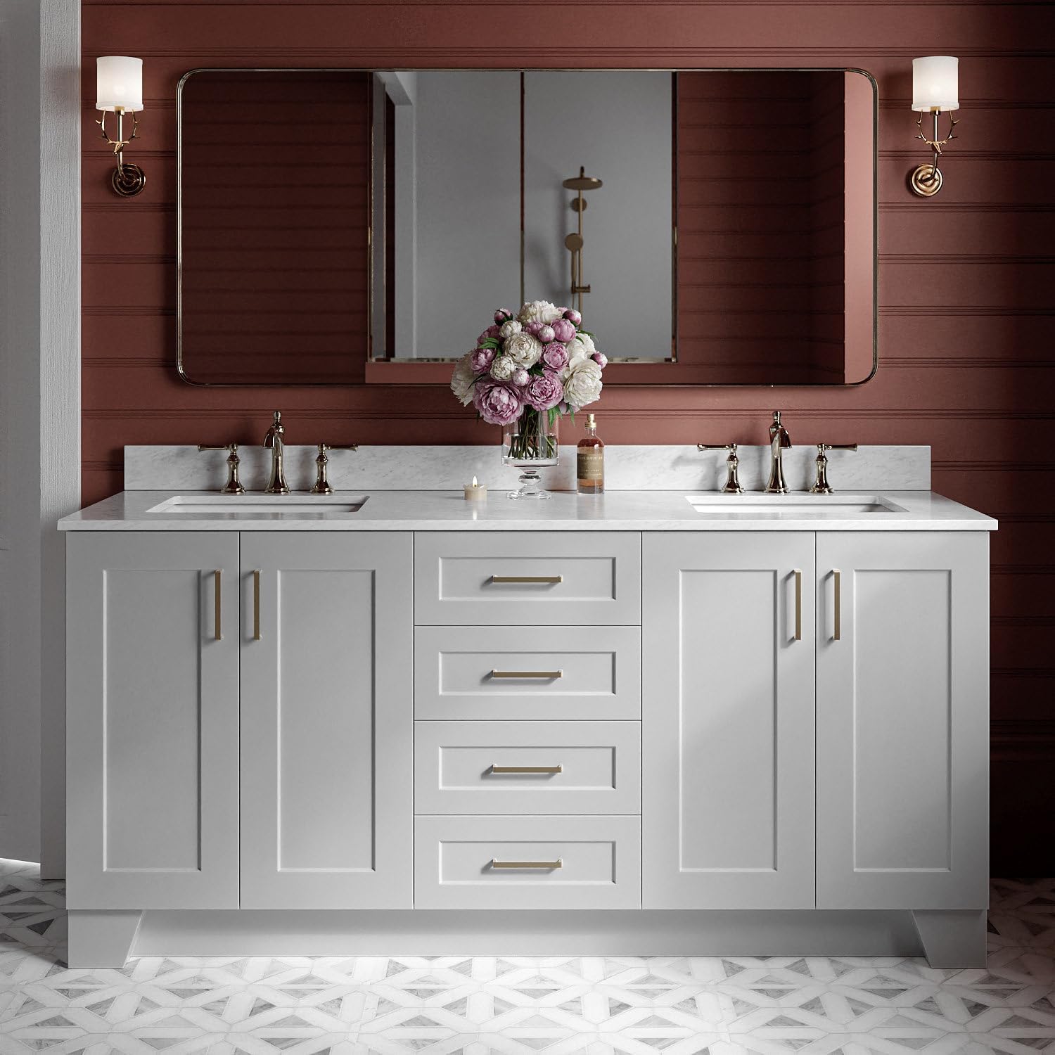 ARIEL 73' Grey Double Bathroom Vanity Italian Carrara Marble Countertop & Splash, Rectangular Sink, 4 Soft Closing Doors, 6 Full Extension Dovetail Drawers, Satin Brass