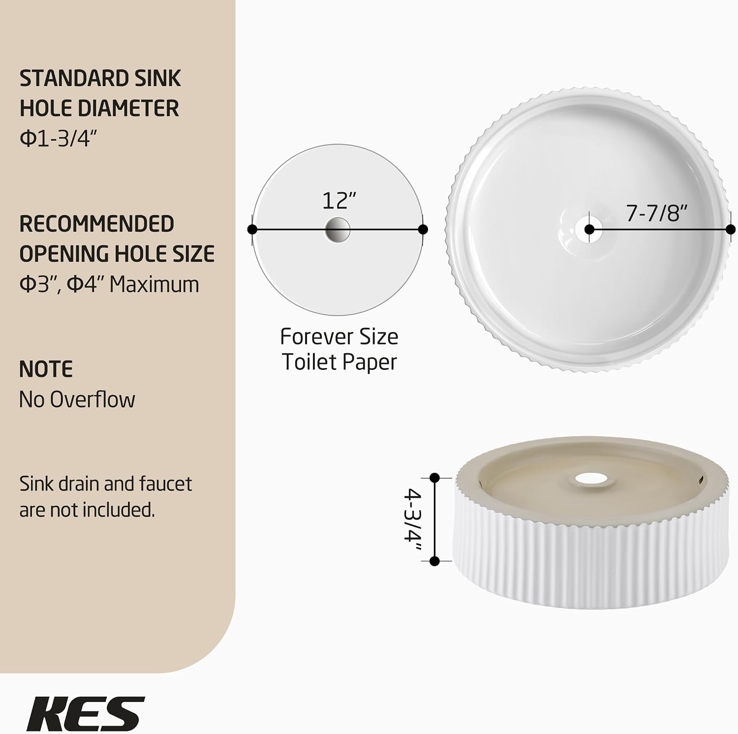 KES White Round Vessel Sink with Fluted Texture, 16 Inch Ceramic Bathroom Sink Above Counter, Small Porcelain Bowl Sink for RV Lavatory Vanity Countertop, BVSC129