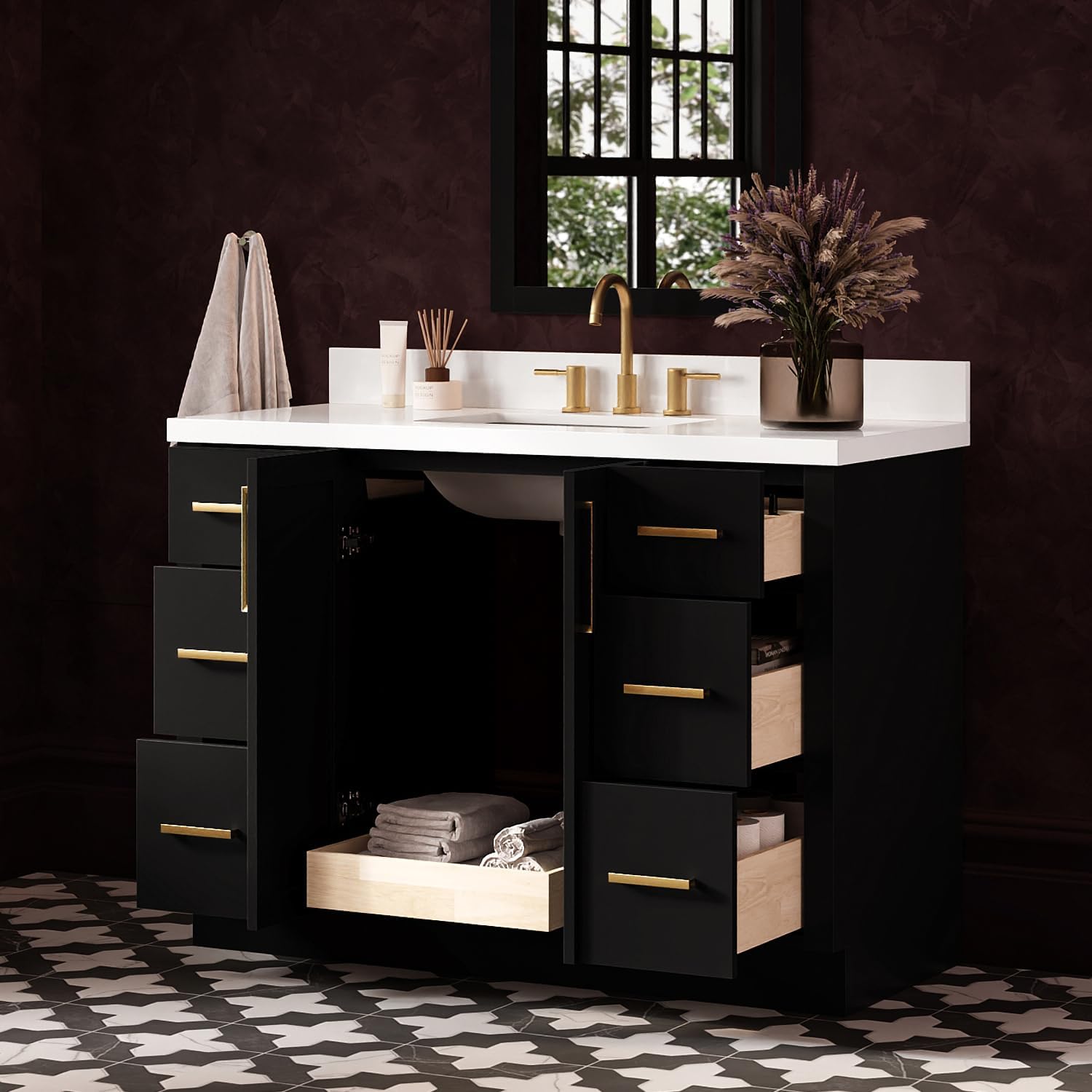 ARIEL Loren 48-inch Bathroom Vanity with Sink,Solid Wood, 1.5-inch Pure White Quartz Countertop, Single Rectangular Porcelain Sink, 2 Soft Closing Doors, 7 Dovetail Drawers, Black