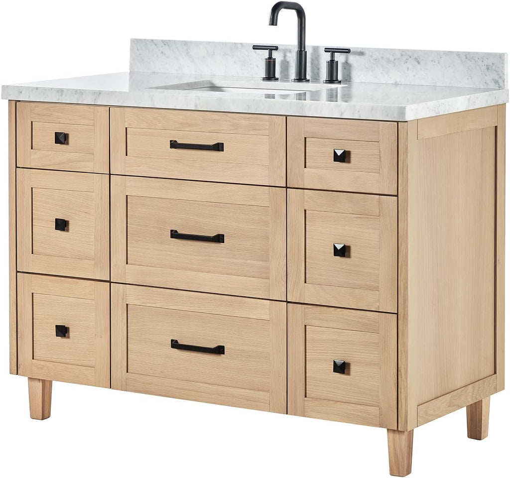 ARIEL Monroe 48-inch Bathroom Vanity with Sink,Solid Wood, 1.5-inch Italian Carrara Marble Countertop, Single Rectangular Porcelain Sink, Dovetail Drawers, White Oak