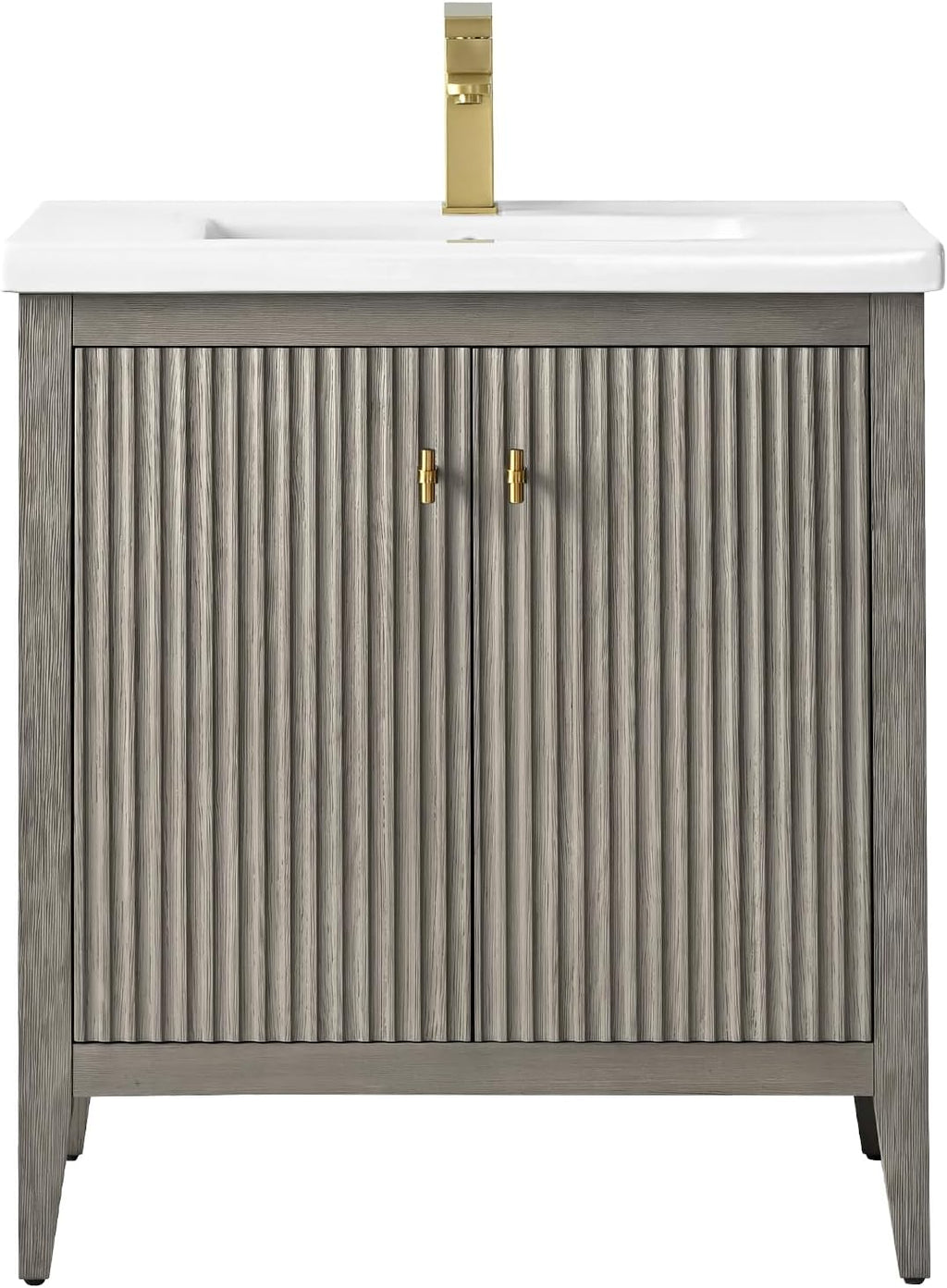 Vanity Art 30 inch Bathroom Vanity with Single Sink & Ceramic Top, Vanity Cabinet with Soft-Closing Door, Solid Wood Frame, Linear Pattern, Driftwood Gray, Golden Brushed Handware VA9130-DG-GB