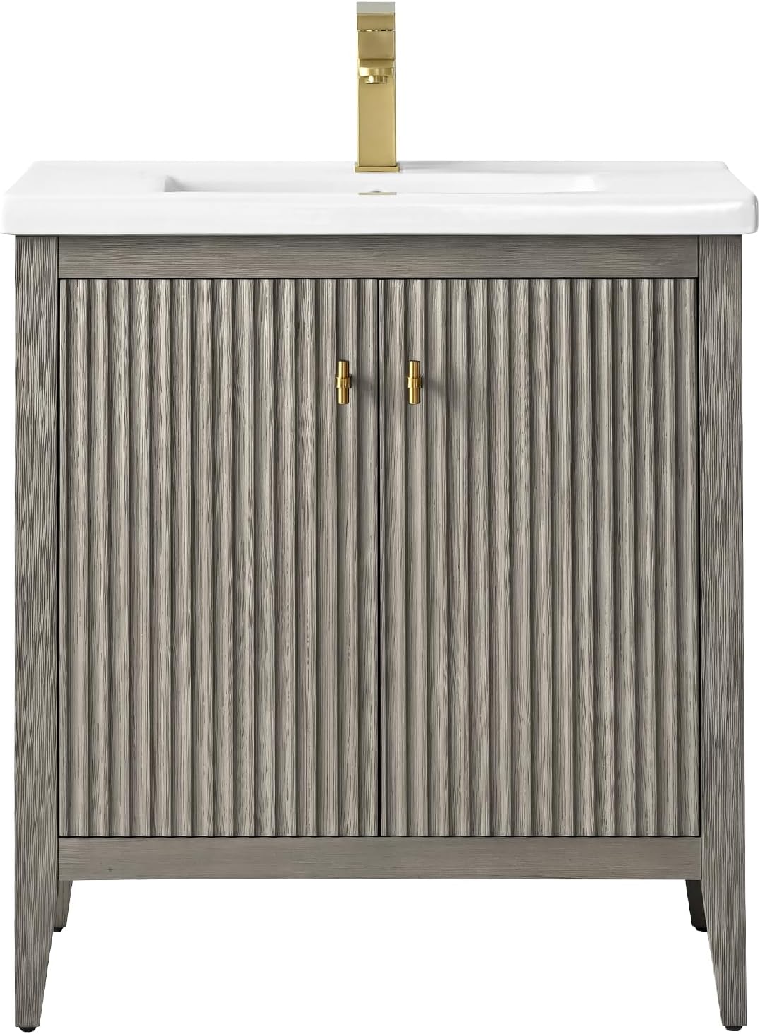 Vanity Art 30 inch Bathroom Vanity with Single Sink & Ceramic Top, Vanity Cabinet with Soft-Closing Door, Solid Wood Frame, Linear Pattern, Driftwood Gray, Golden Brushed Handware VA9130-DG-GB