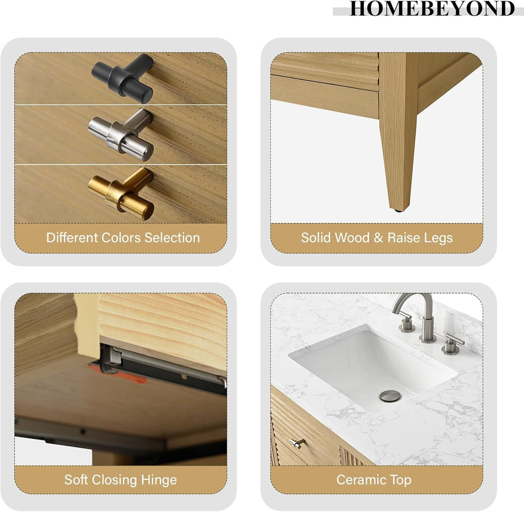 HOMEBEYOND 42' Bathroom Vanity with Sink, Solid Wood Bathroom Vanity Free-Standing Cabinet, Drawers, Ceramic Top & Soft Closing Door, Golden Brushed Handware, Natural Oak