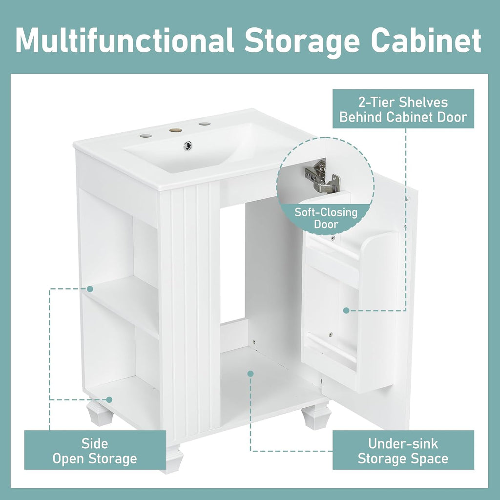 24-inch Bathroom Vanity with Sink Combo, Free-Standing Single Storage Cabinet with Door Shelf, Side Open Storage, and Cabinet, Vanity with Ceramic Basin for Bathroom (White)