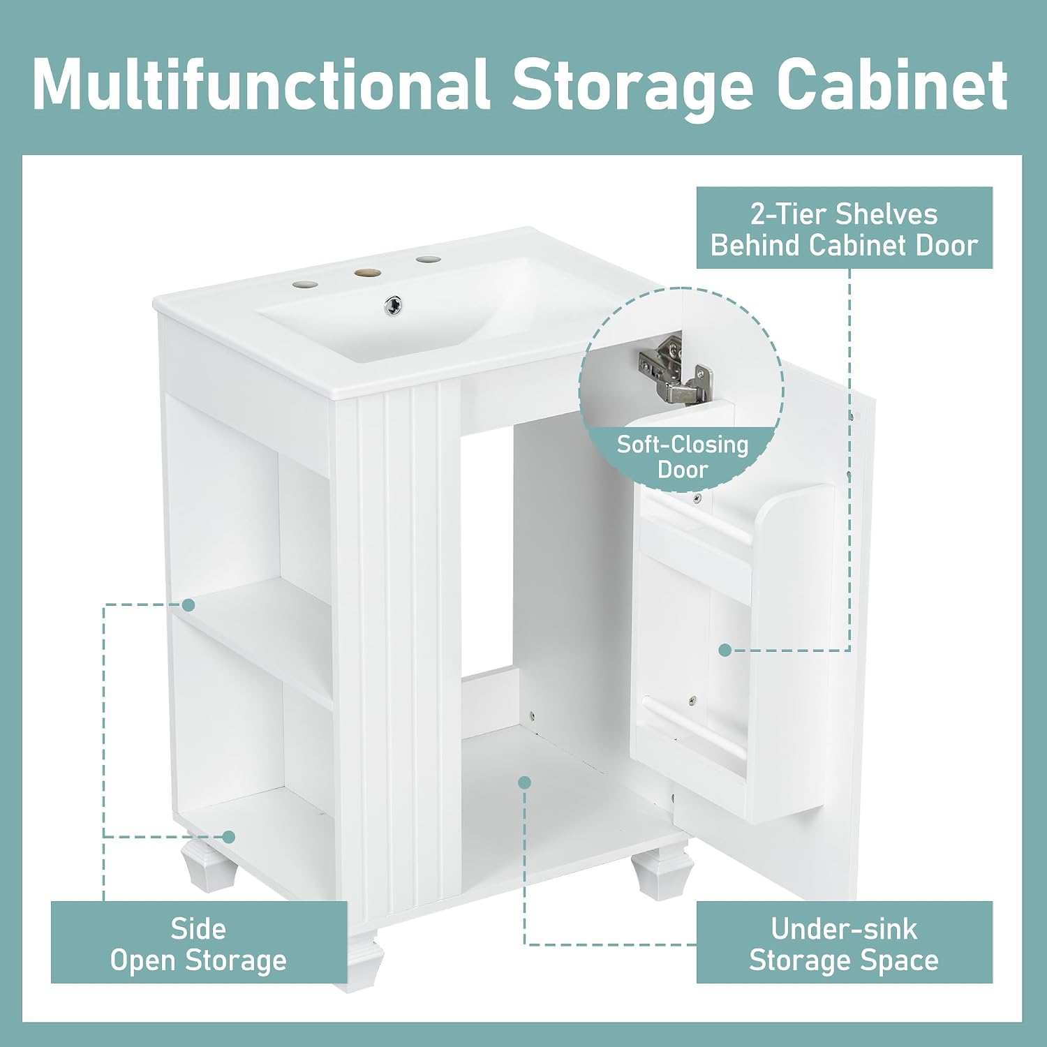 24-inch Bathroom Vanity with Sink Combo, Free-Standing Single Storage Cabinet with Door Shelf, Side Open Storage, and Cabinet, Vanity with Ceramic Basin for Bathroom (White)
